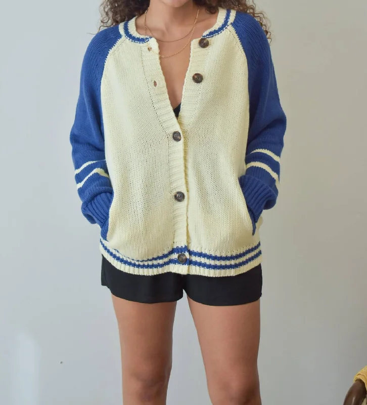 Formal Garments For Women Ends Soon Game Day Varsity Cardigan In Cream/blue