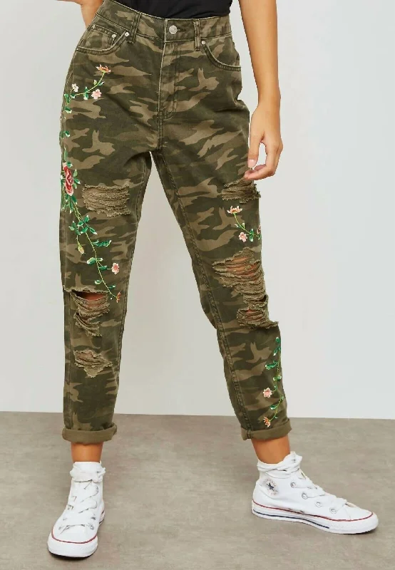 Women's Trendy Outfit Feminine Style Promotions High Rise Camo Print Floral Embroidery Ripped Mom Jeans In Multicolor