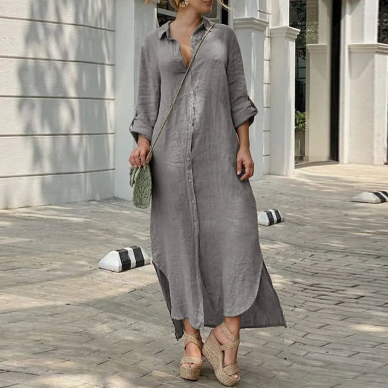 Women's Party Outfit Limited Stock, Big Sale DressBetty - 2024 Vintage Solid Tunicas Lapel Button Up Boho Maxi Dress