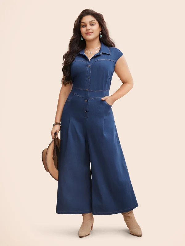 Women's Everyday Apparel Must Haves Stretch Denim Seamed Flare Jumpsuit