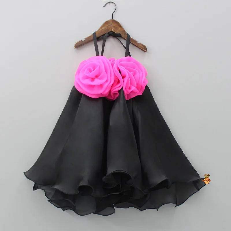 Women's Wardrobe Apparel Daily Deals Flower Enhanced Halter Neck Flared Black Dress