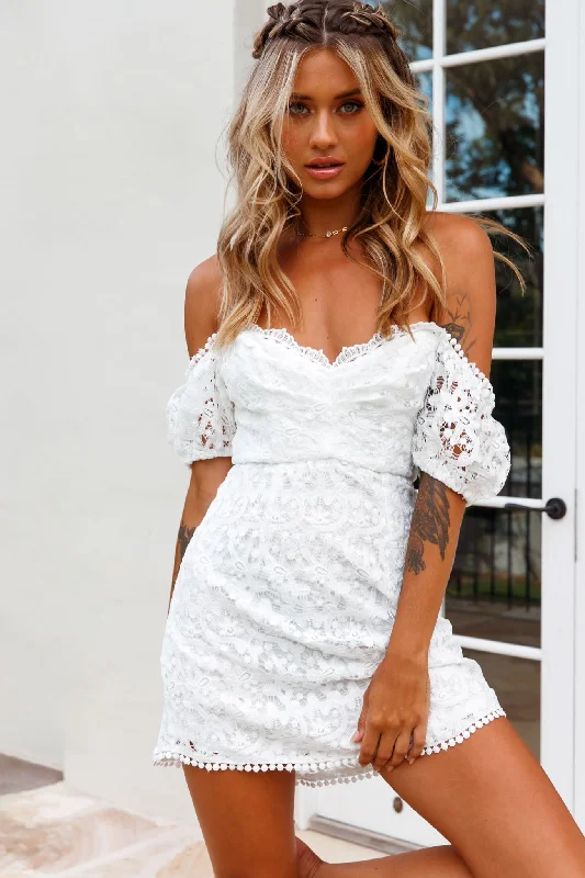 Charming Women's Holiday Apparel Season Offer Costa Mesa Puff Sleeve Lace Overlay Dress White