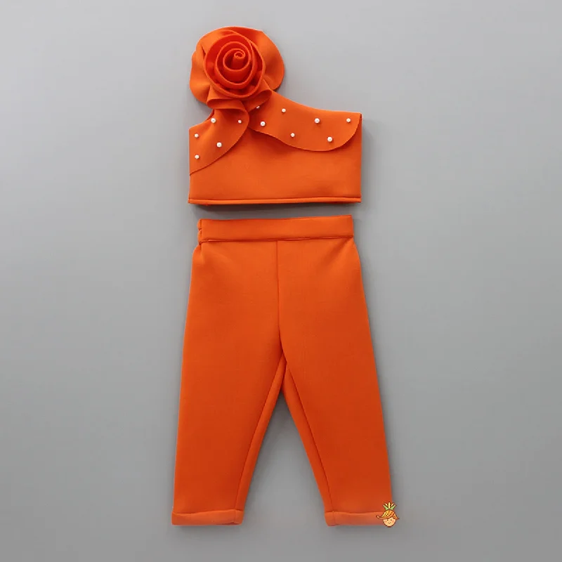 Women's Contemporary Clothing Bid Farewell To The Old Season Orange Rose One Shoulder Crop Top and Matching Pant