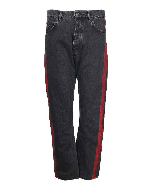 Affordable Women's Clothes Sophisticated Style Offers Balenciaga Denim Jeans with Red Stripe Detail in Black Cotton