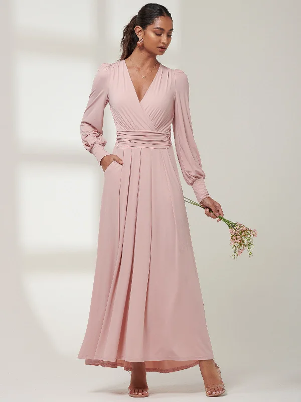 Women's Travel Outfit Set Valentine's Special Giulia Long Sleeve Maxi Dress, Dusty Pink