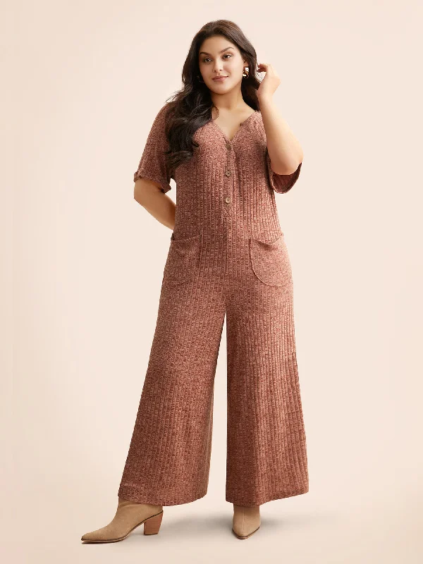 Women's Vacation Garments Fashionable Comfort Promotions Texture Button Up Patch Pocket Jumpsuit