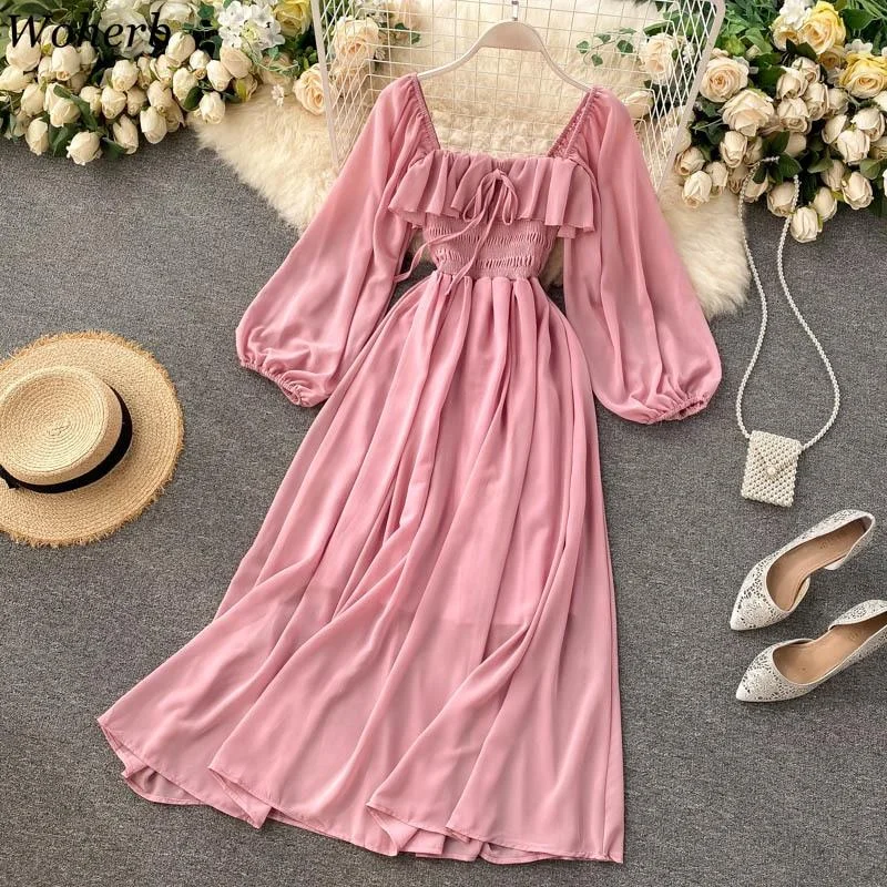 Formal Attire For Women Fashion Sale FashionSierra - Square Collar Maxi Dress Women Solid Chiffon Puff Sleeve Dresses