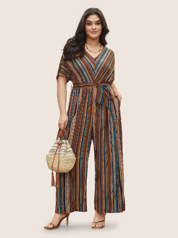 Formal Garments For Women Romantic Chic Deals Rayon Contrast Striped Belted Jumpsuit