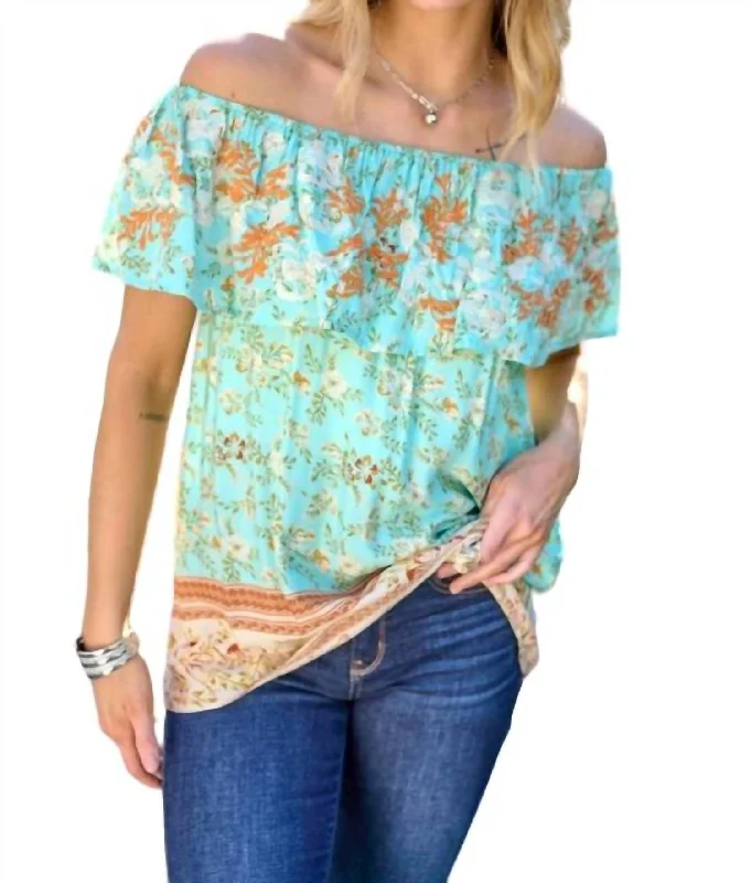 Premium Style Printed Off Shoulder Smocked Top In Light Teal