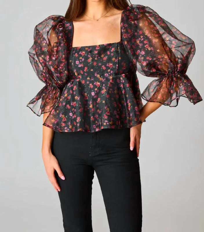 Chic Styles Puff Sleeve Peplum Top In Black