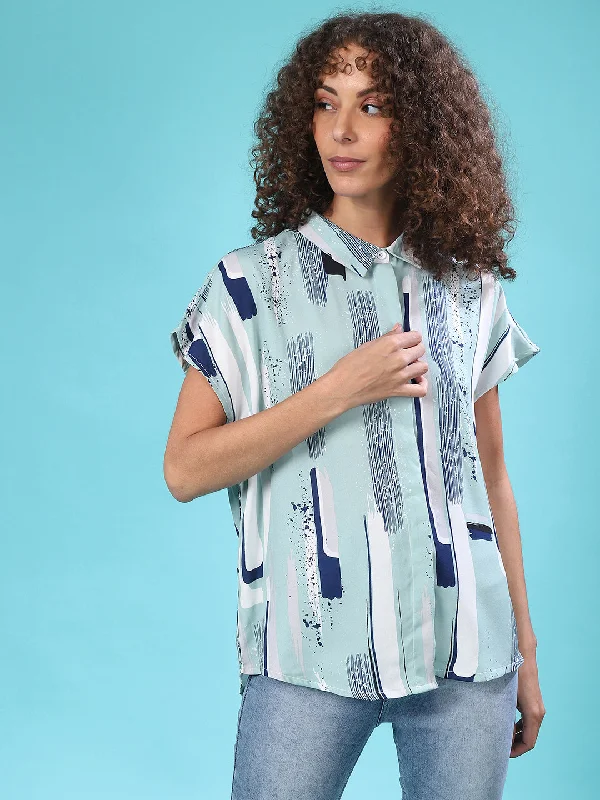 Additional Time-Limited Offers Campus Sutra Women Sea Green & Navy Blue Regular Fit Printed Casual Shirt