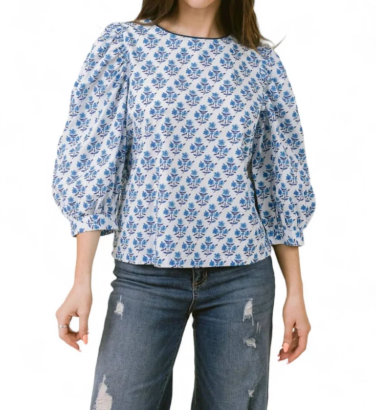 Bid Farewell To The Old Season Darby 3/4 Sleeve Cotton Top In Blue Bouquet