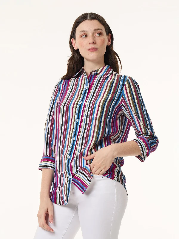 Modern Chic Discounts Striped Button Front Shirt, Crepe de Chine