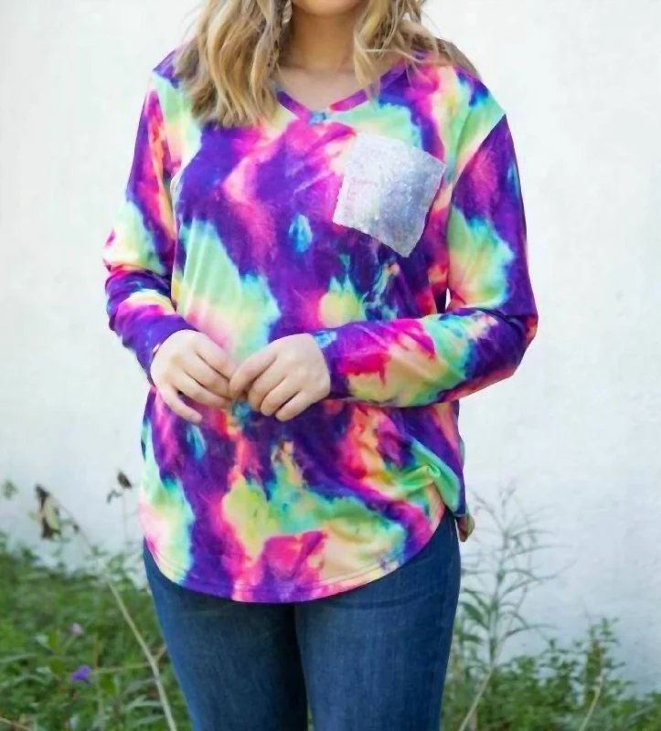 Embrace New Fashion Tie Dye V Neck Sequin Pocket Bright Colors Top In Multi