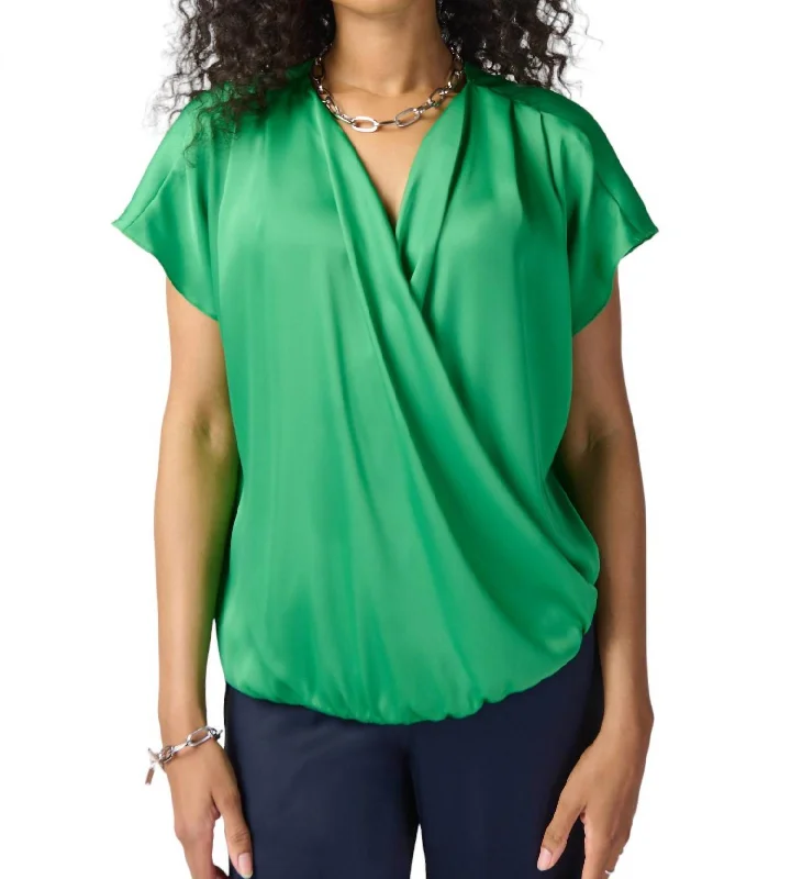 Premium Fashion Wrap Front Satin Top In Green