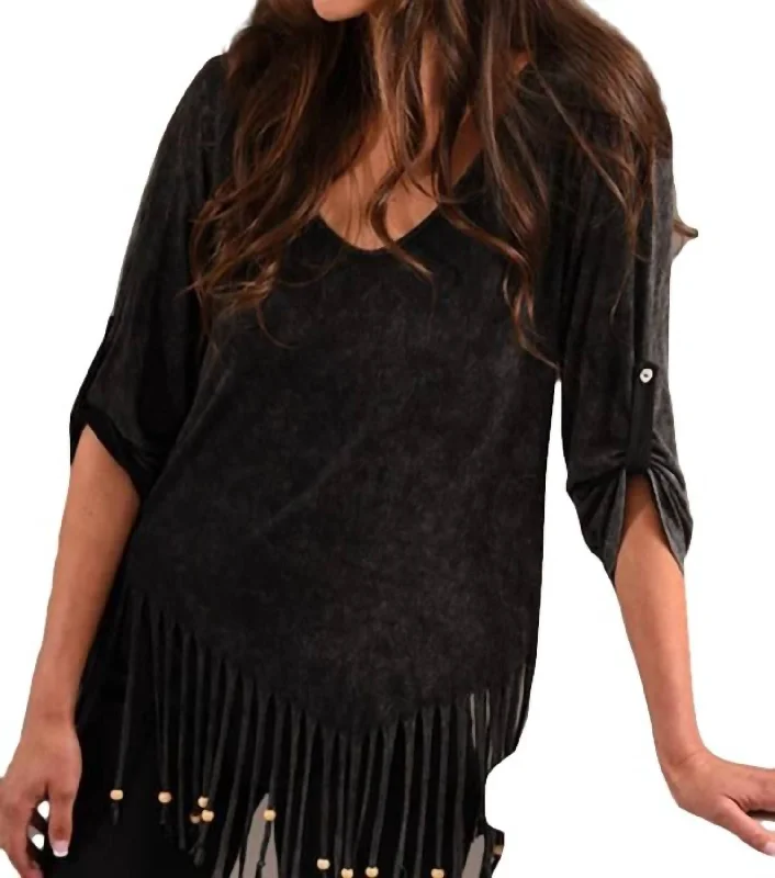 The Latest Trends Stone Wash Cut Out Fringe Top In Charcoal