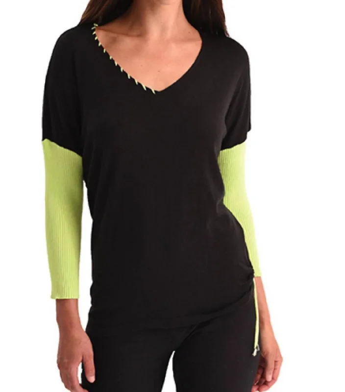 Flash Sale, Don't Miss Rib Sleeve V-Neck Top In Black/lime