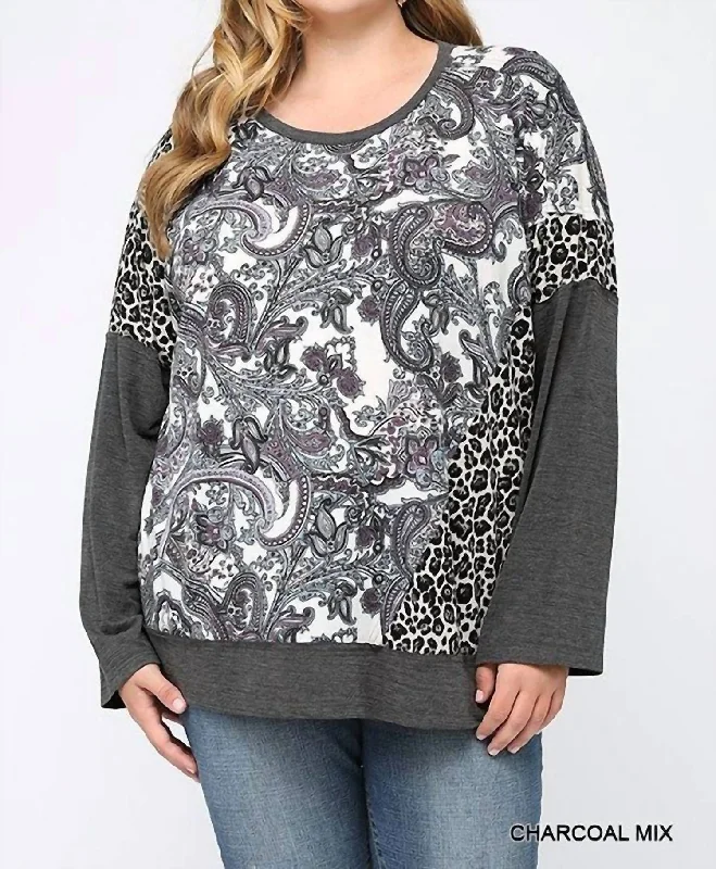 Comfortable Chic Pasley Leopard Color Block Top In Charcoal Mix