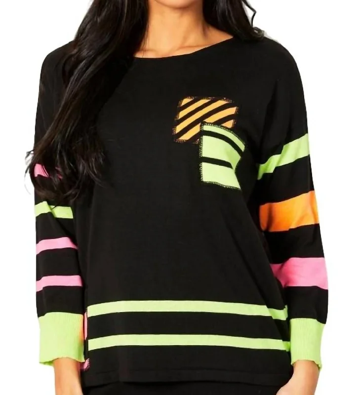 Special Offer For You Stripe 3/4 Sleeve Top In Black Multi