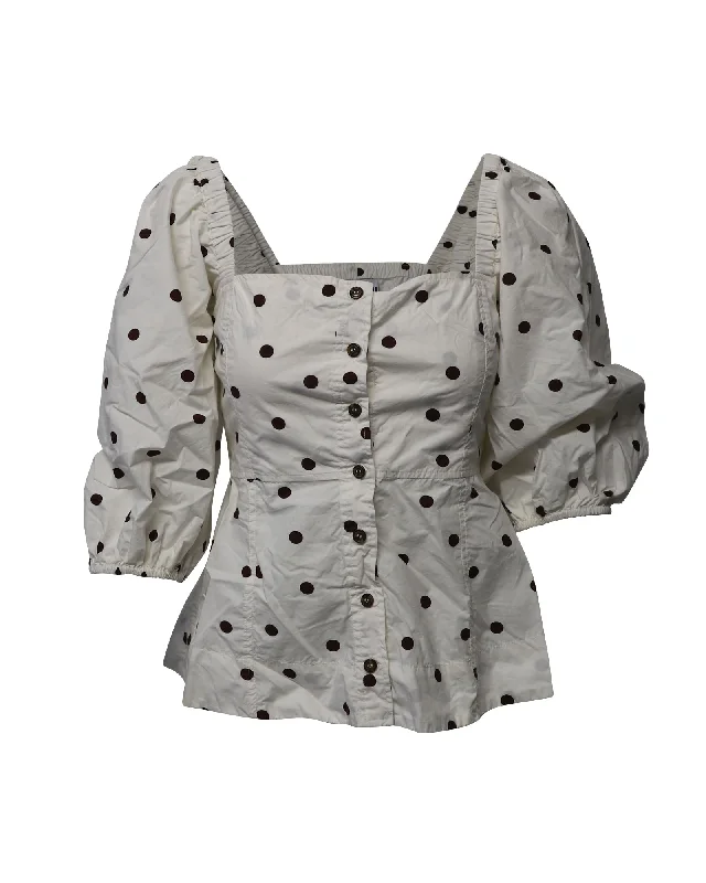 Fashion-Forward Ganni Polka Dotted Fit and Flare Top in White and Black Cotton