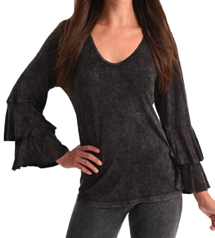 Embrace New Fashion Stone Wash Bell Sleeve Top In Charcoal