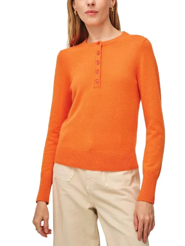 Holiday Glam Cashmere Button Henley Top In Bright Tangerine