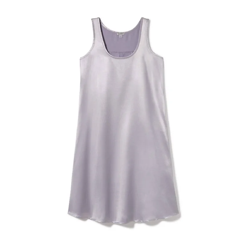 Chic Trends Unveiled Jessica Satin Knee Length Gown With Pleated Back In Lavender