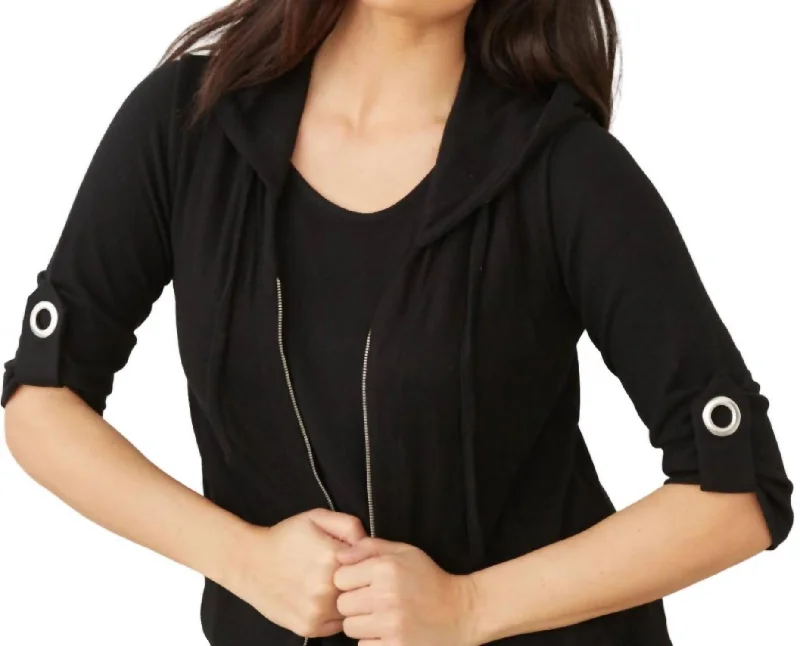 Stay Ahead In Style Soft Stretch Roll Sleeve Top In Black