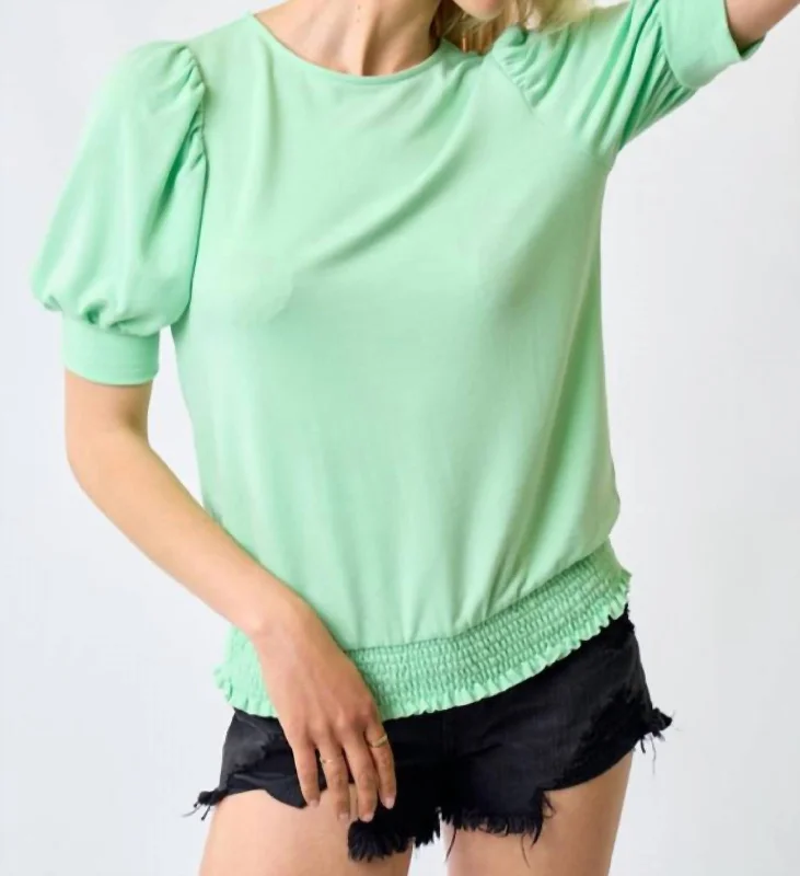 Day-To-Night Styles Puff Sleeve Smocked Bottom In Green