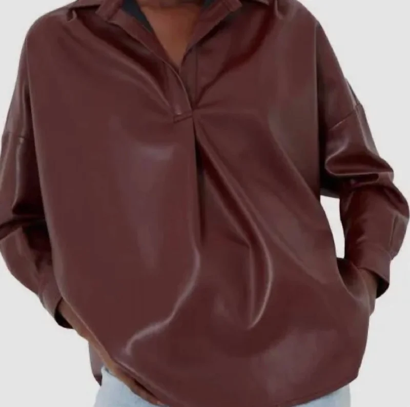 Limited Time Women's Faux Leather Pop Over Shirt In Brown