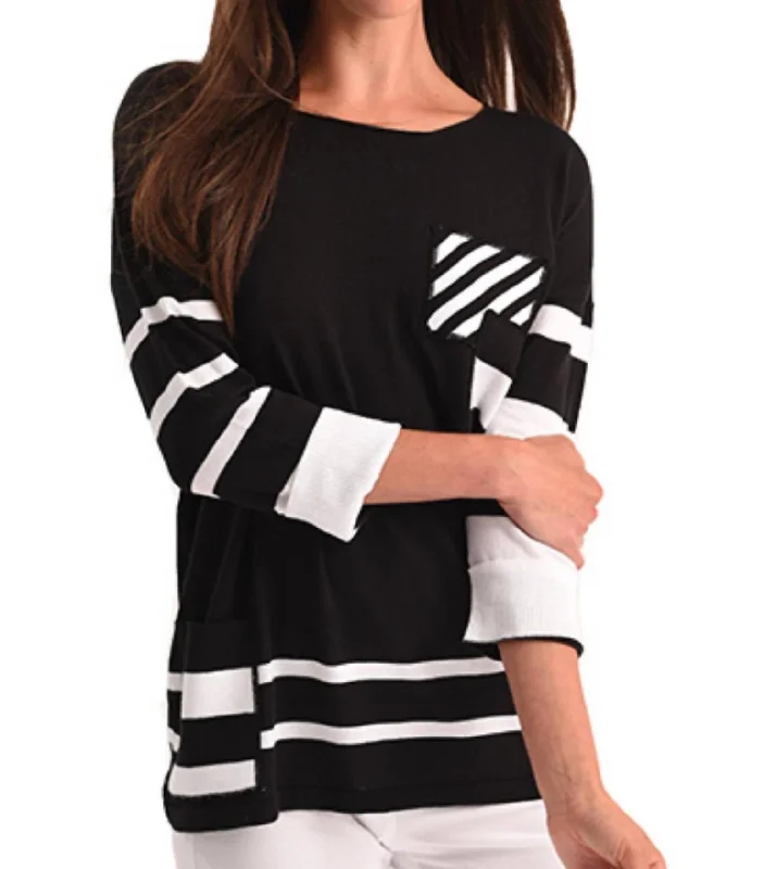 Trendy Threads Stripe 3/4 Sleeve Top In Black/white