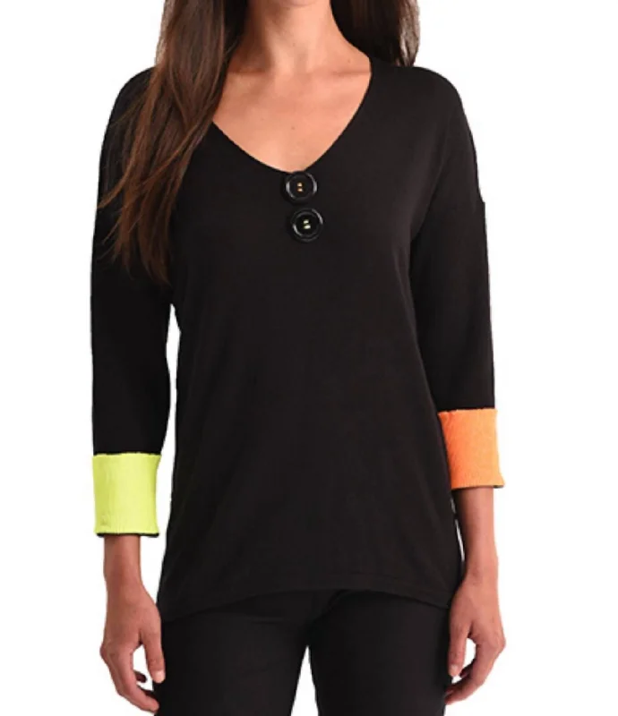 Unleash Your Fashion Neon Cuff V-Neck Top In Black Multi