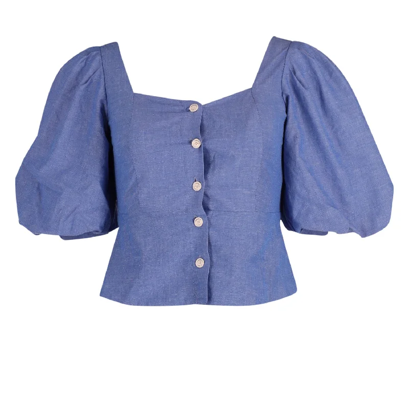 Fashion Deal Sandro Mayan Puffed Sleeve Shirred Top in Blue Cotton