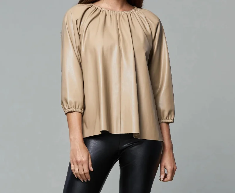 Bold Style Discounts Blakely Faux Leather Puff Sleeve Top In Taupe