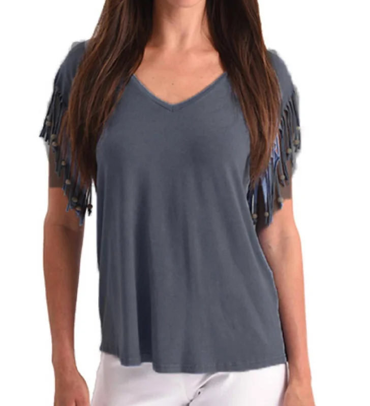 Chic And Edgy Stone Wash Cut Out Fringe Beaded Sleeve Top In Charcoal