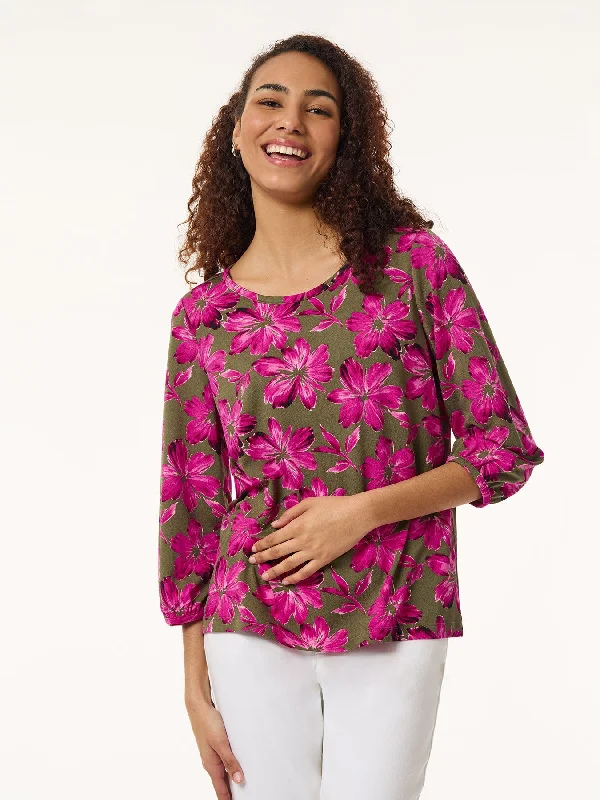 Exclusive Fashion Deals Floral Puff Sleeve Top, Moss Crepe