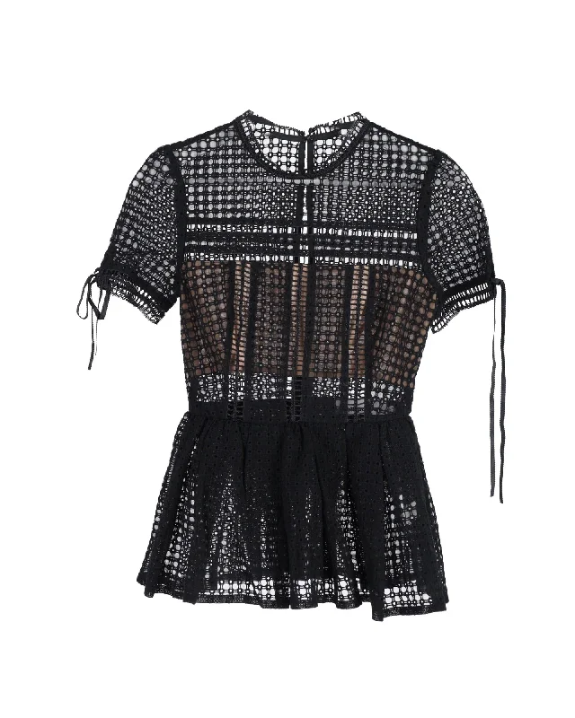 Exclusive Discount Self-Portrait Guipure Lace Peplum Top in Black Cotton