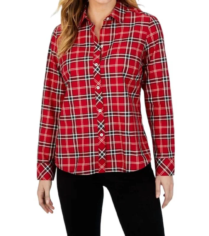 Popular Collection Ava Non-Iron Holiday Plaid Shirt In Red/multi