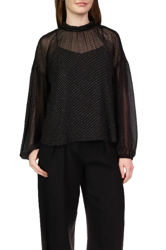 Trendy Street Style Sheer Volume Metallic Top In Black