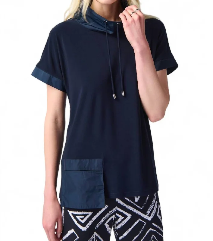 Seasonal Fashion Stand Collar Two Tone Top In Midnight Blue