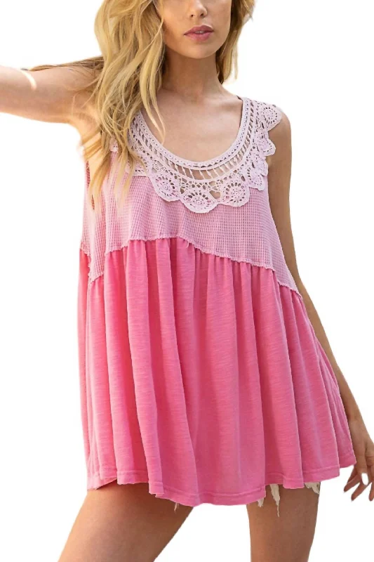 Popular Collection Crochet Trim Relaxed Top In Candy Pop Pink