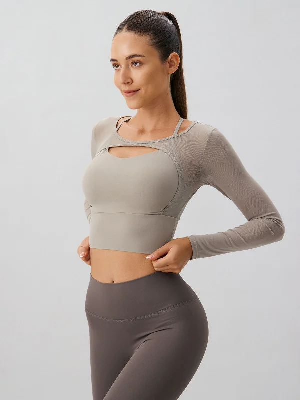 Affordable Women's Apparel Dive Into Trendy Styles Khaki Cut Out Long Sleeve Top--Light Support