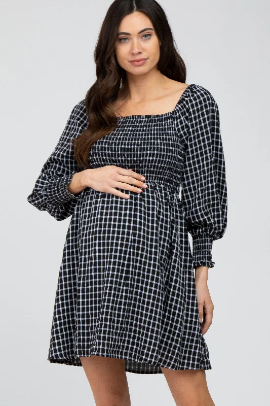 Formal Outfit For Women Fashion Forward, Function First Black Plaid Smocked Maternity Dress