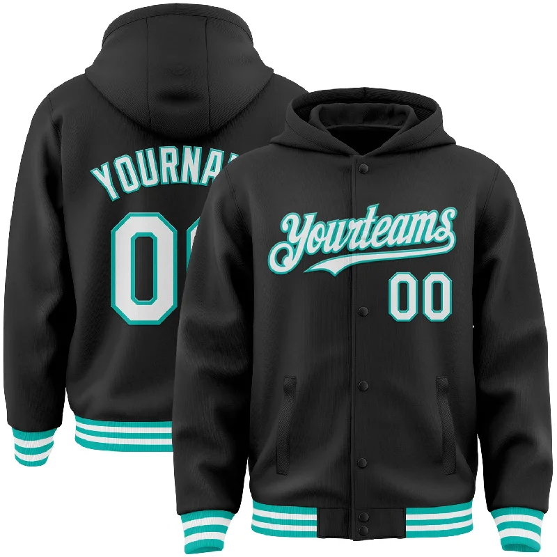 Sustainable Gender-Neutral Apparel Huge Price Cut Custom Black White-Aqua Bomber Full-Snap Varsity Letterman Hoodie Jacket