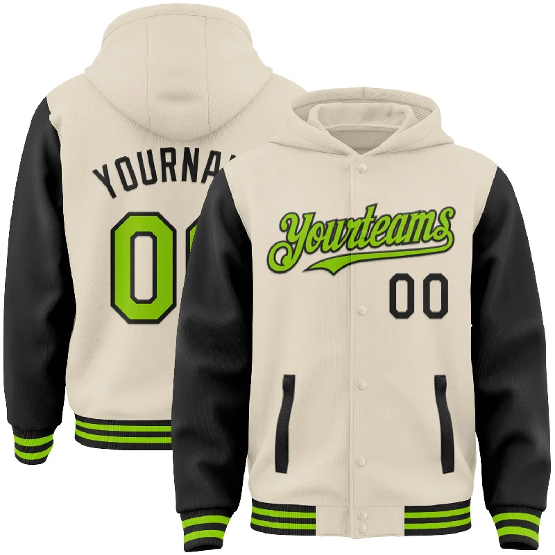 High-Quality Unisex Fashion Basics Hot Brand Discounts Custom Cream Neon Green-Black Bomber Full-Snap Varsity Letterman Two Tone Hoodie Jacket