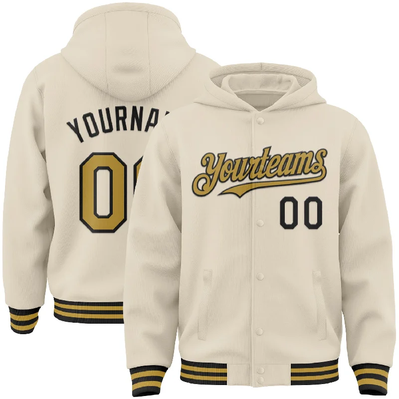 High-Quality Unisex Fashion Basics On-Trend Fashion Offers Custom Cream Old Gold-Black Bomber Full-Snap Varsity Letterman Hoodie Jacket