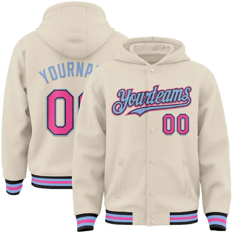 Unisex Everyday Fashion Essentials Trendy Street Style Custom Cream Pink Black-Light Blue Bomber Full-Snap Varsity Letterman Hoodie Jacket