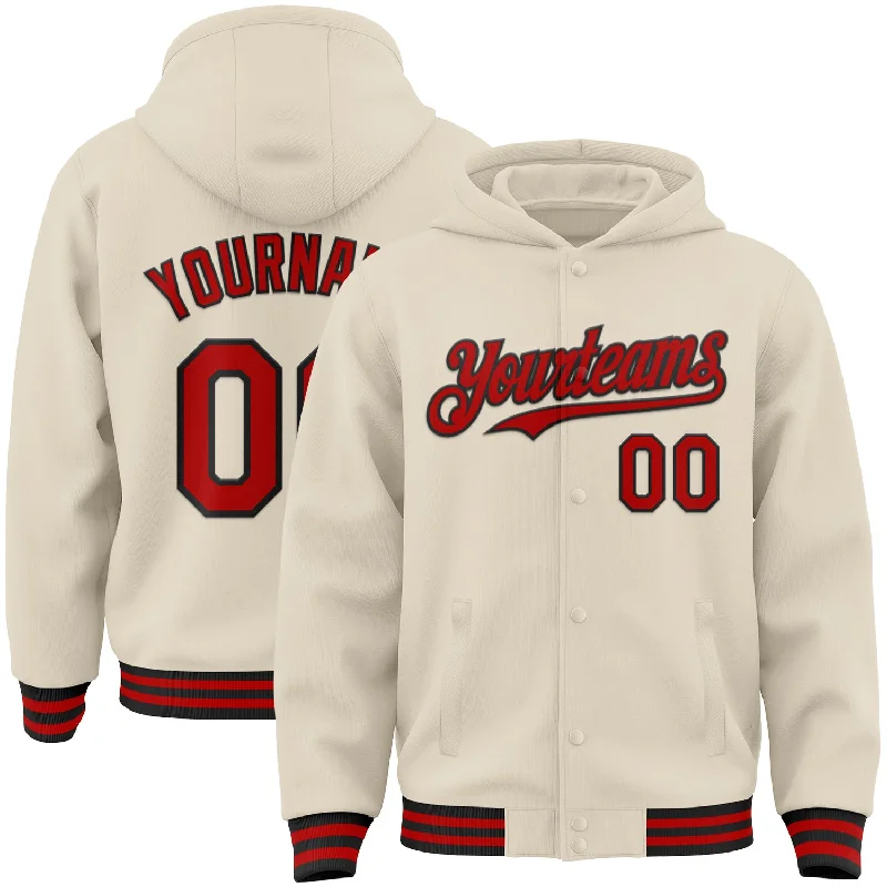 Gender-Neutral Clothing Styles New In This Season Custom Cream Red-Black Bomber Full-Snap Varsity Letterman Hoodie Jacket