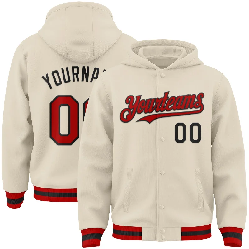 Functional And Stylish Unisex Wear Contemporary Casual Deals Custom Cream Red-Black Bomber Full-Snap Varsity Letterman Hoodie Jacket