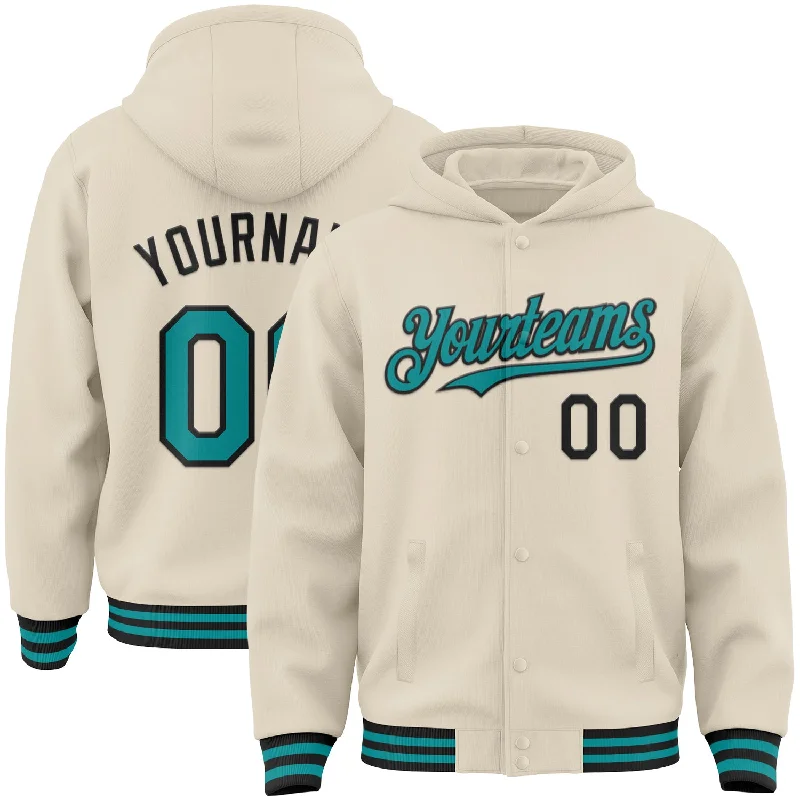 Chic And Casual Unisex Fashion Trends Must-Have Style Discounts Custom Cream Teal-Black Bomber Full-Snap Varsity Letterman Hoodie Jacket